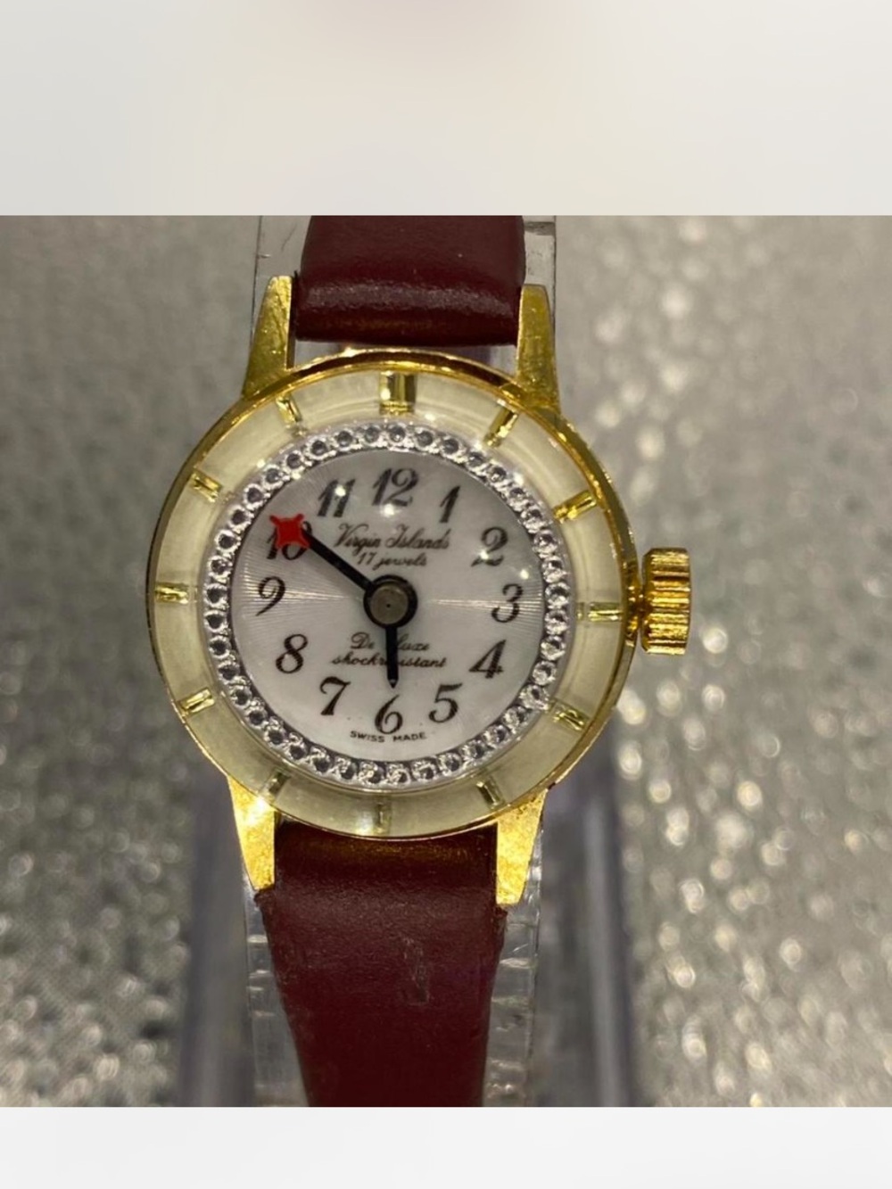 ^^^ Vintage  *** Virgin Islands *^* 17 Jewels Gold Tone Watch “ Iced *^^